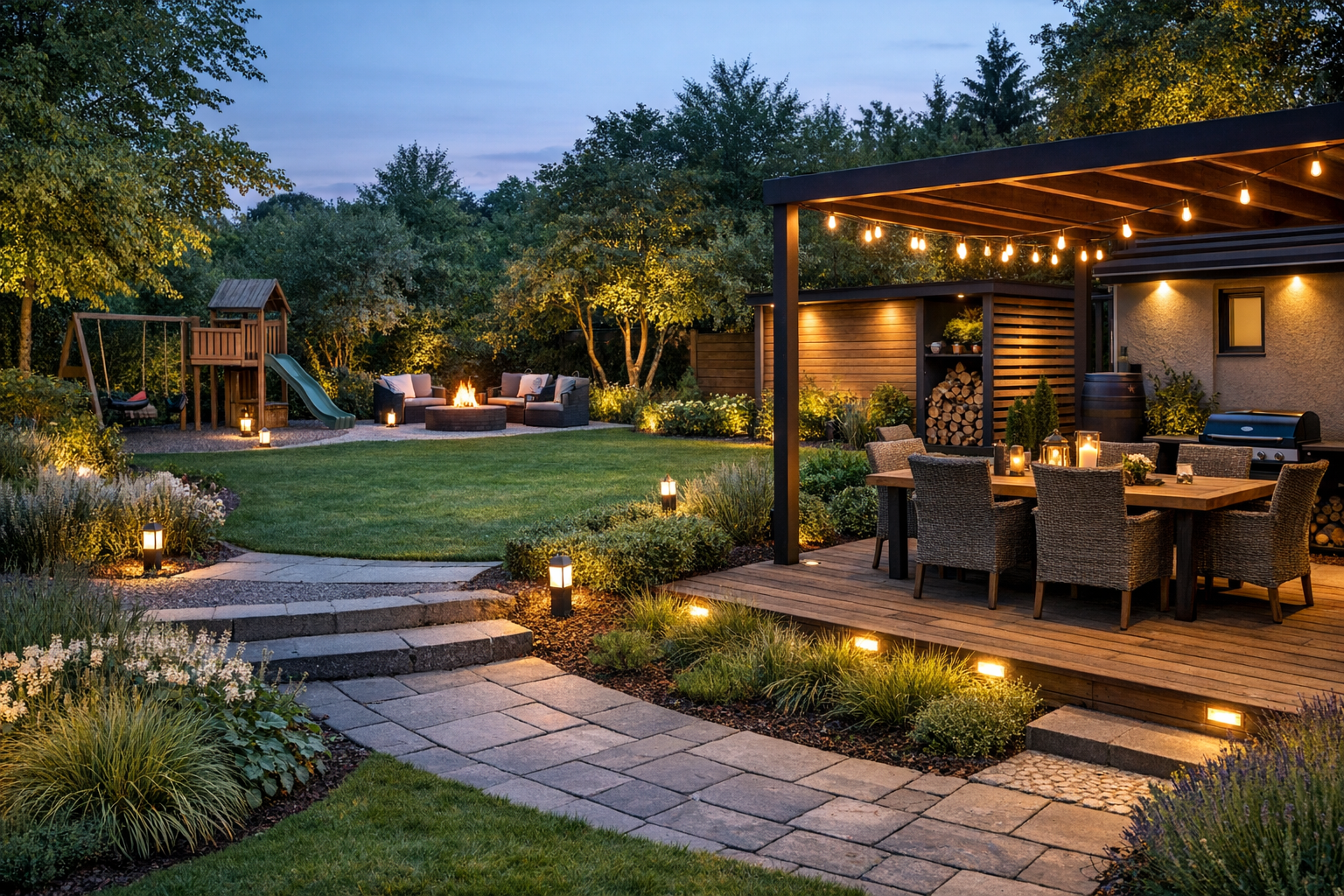 Jak zaplanować funkcjonalny ogród przy domu: podział na strefy, ścieżki i oświetlenie